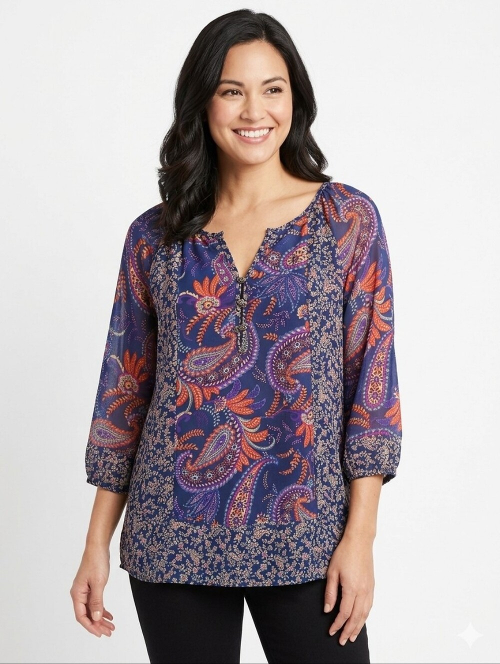 Chaps Blue Orange Paisley Floral Boho Blouse - Size Large